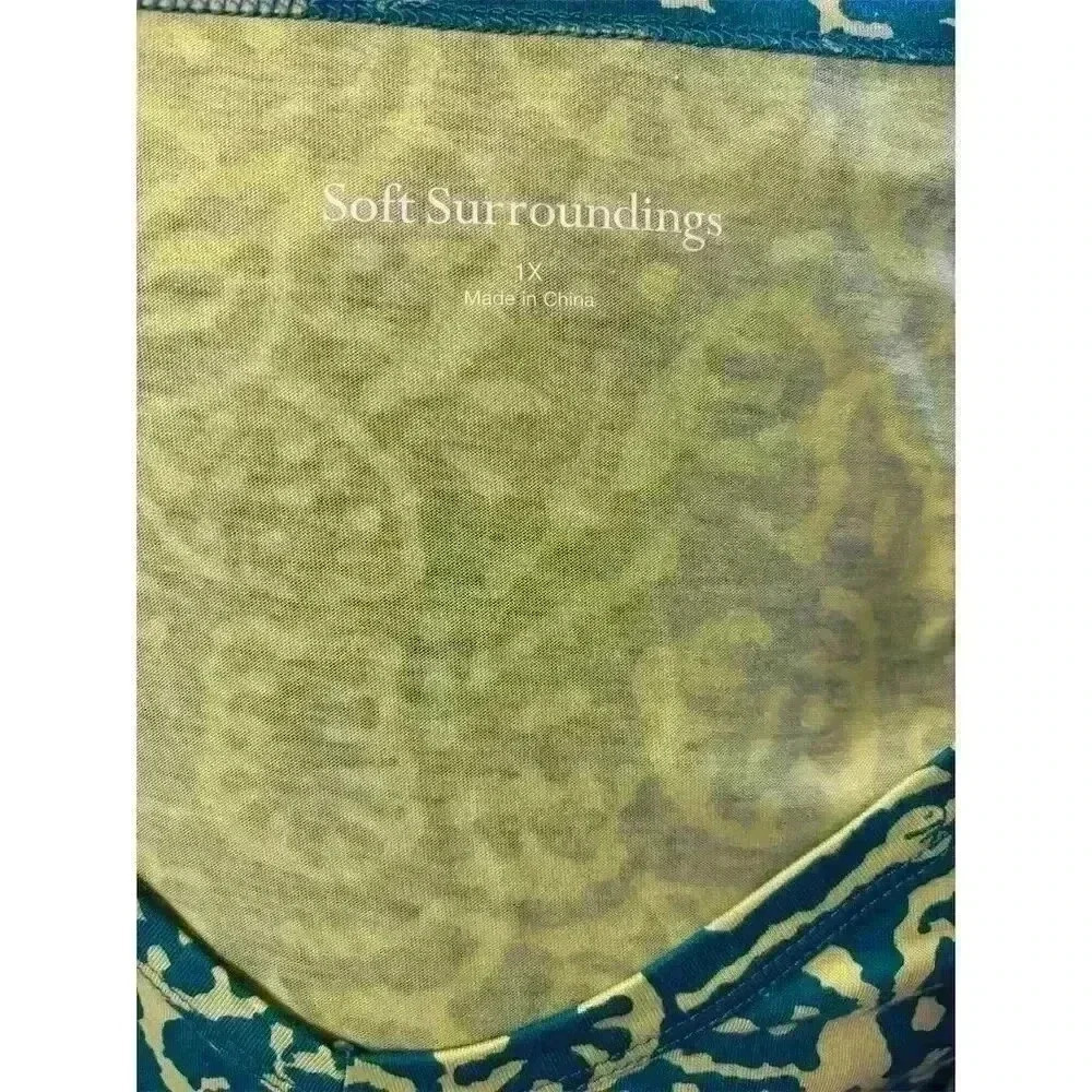 Soft Surroundings Women's 1X Green Palm Leaf Print Dress w/ Pockets - Picture 4 of 10
